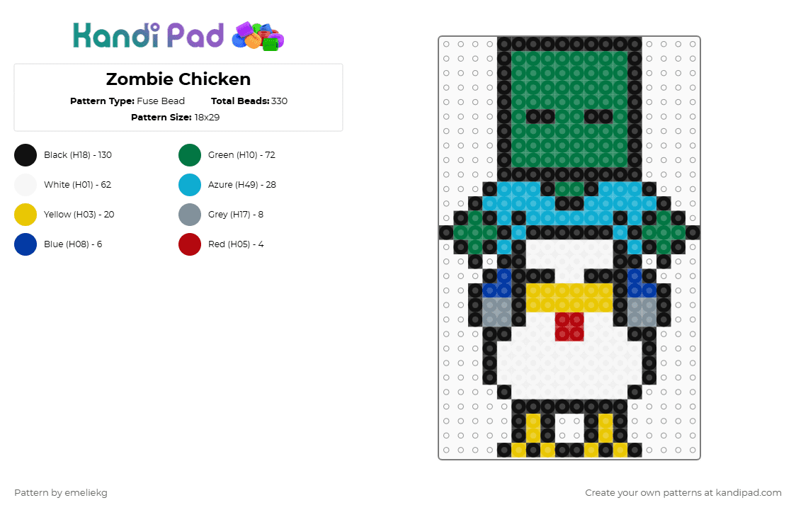 Zombie Chicken - Fuse Bead Pattern by emeliekg on Kandi Pad - chicken jockey,minecraft,gaming,video game,green,light blue