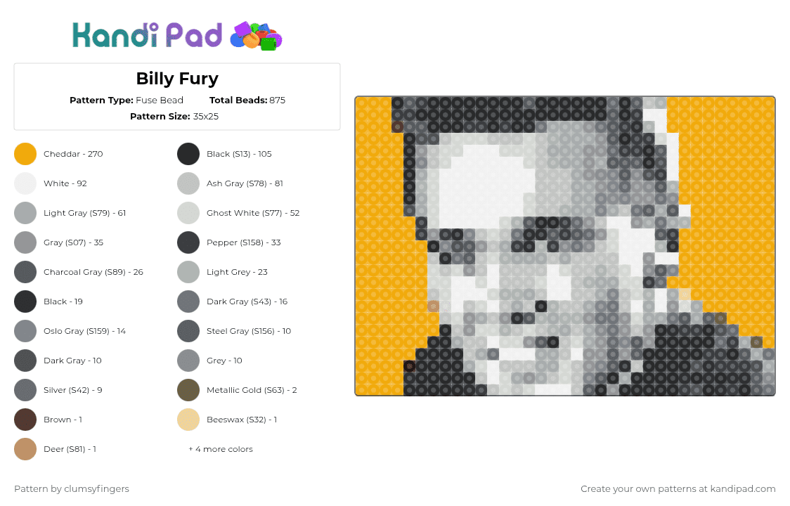 Billy Fury Fuse Bead Pattern - Kandi Pad | Kandi Patterns, Fuse Bead ...