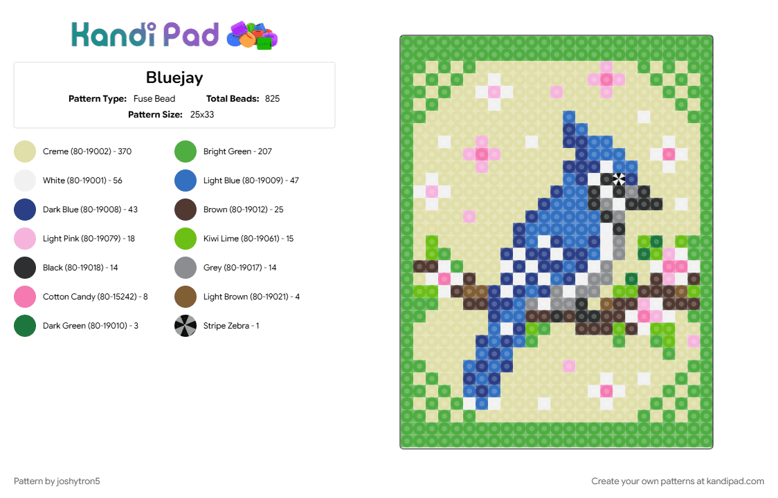 Bluejay - Fuse Bead Pattern by joshytron5 on Kandi Pad - green, yellow