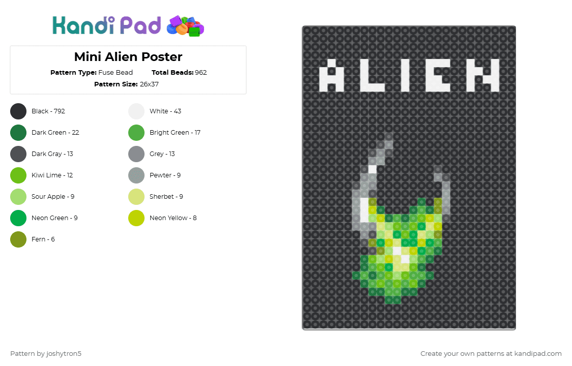 Mini Alien Poster - Fuse Bead Pattern by joshytron5 on Kandi Pad - black, gray, green