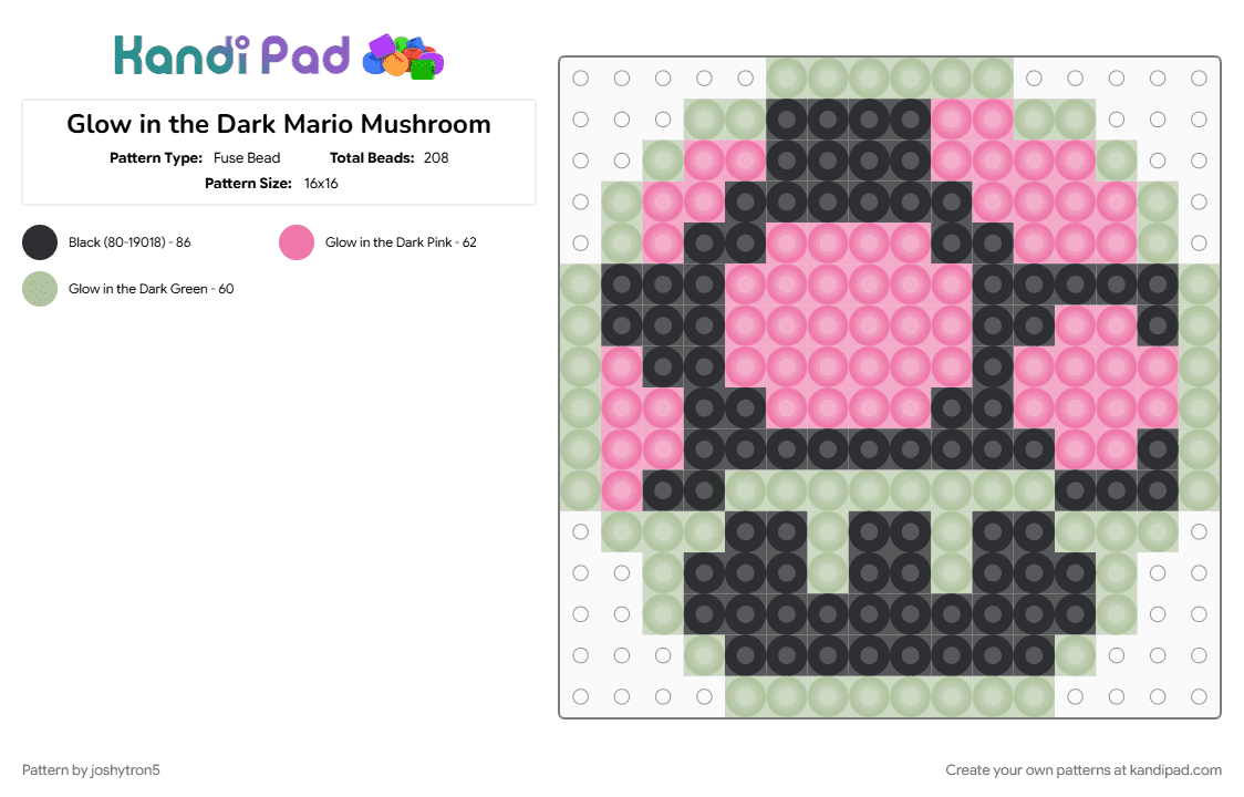 Glow in the Dark Mario Mushroom - Fuse Bead Pattern by joshytron5 on Kandi Pad - beige, pink