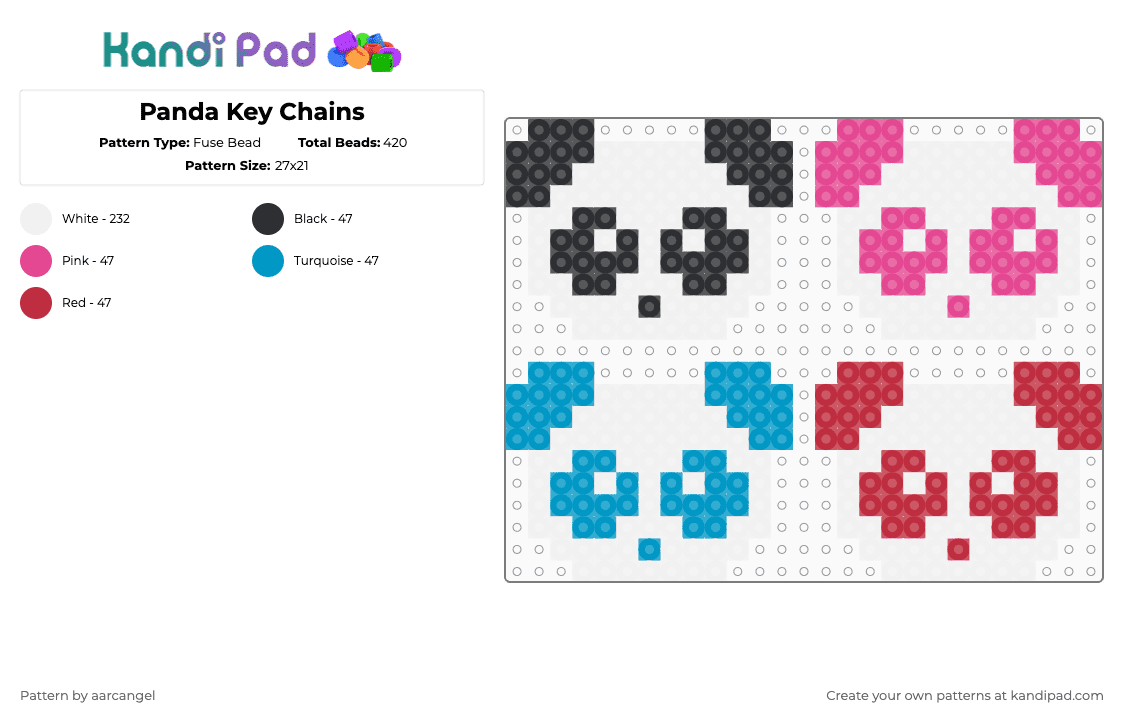Panda Key Chains - Fuse Bead Pattern by aarcangel on Kandi Pad - white,pink,light blue,red