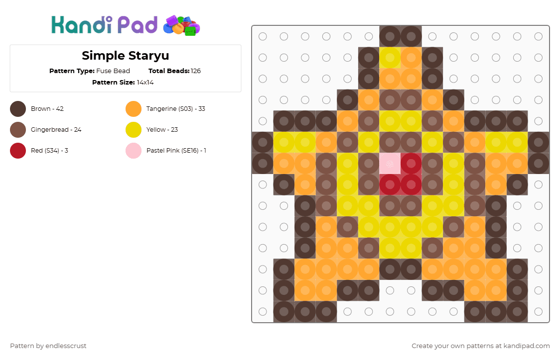 Simple Staryu - Fuse Bead Pattern by endlesscrust on Kandi Pad - brown,yellow,tan,orange,pokemon,staryu,star