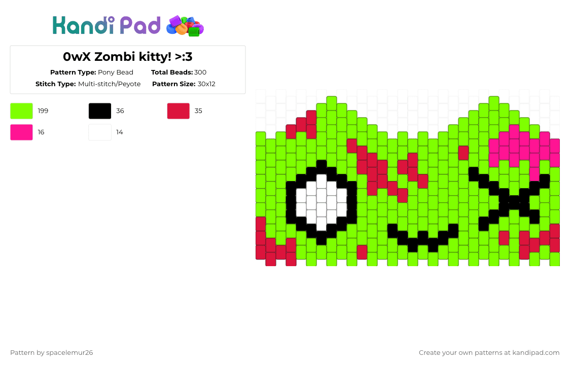 0wX Zombi kitty! >:3 - Pony Bead Pattern by spacelemur26 on Kandi Pad - green,zombie,cat,kitty,scenemo,neon,cuff,silly