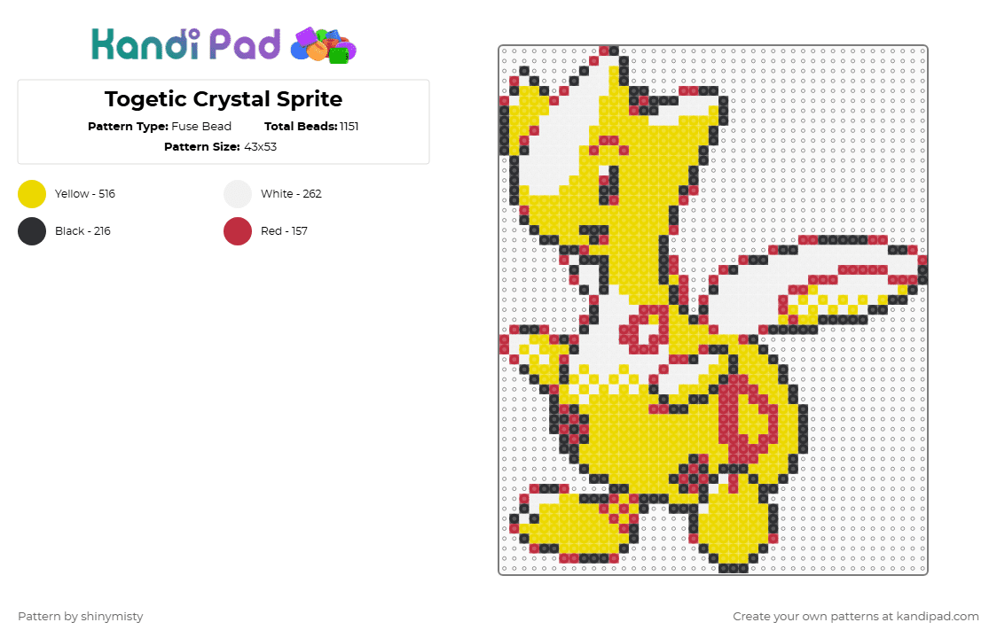 Togetic Crystal Sprite - Fuse Bead Pattern by shinymisty on Kandi Pad - yellow,pokemon,togetic,sprites,poekmon crystal