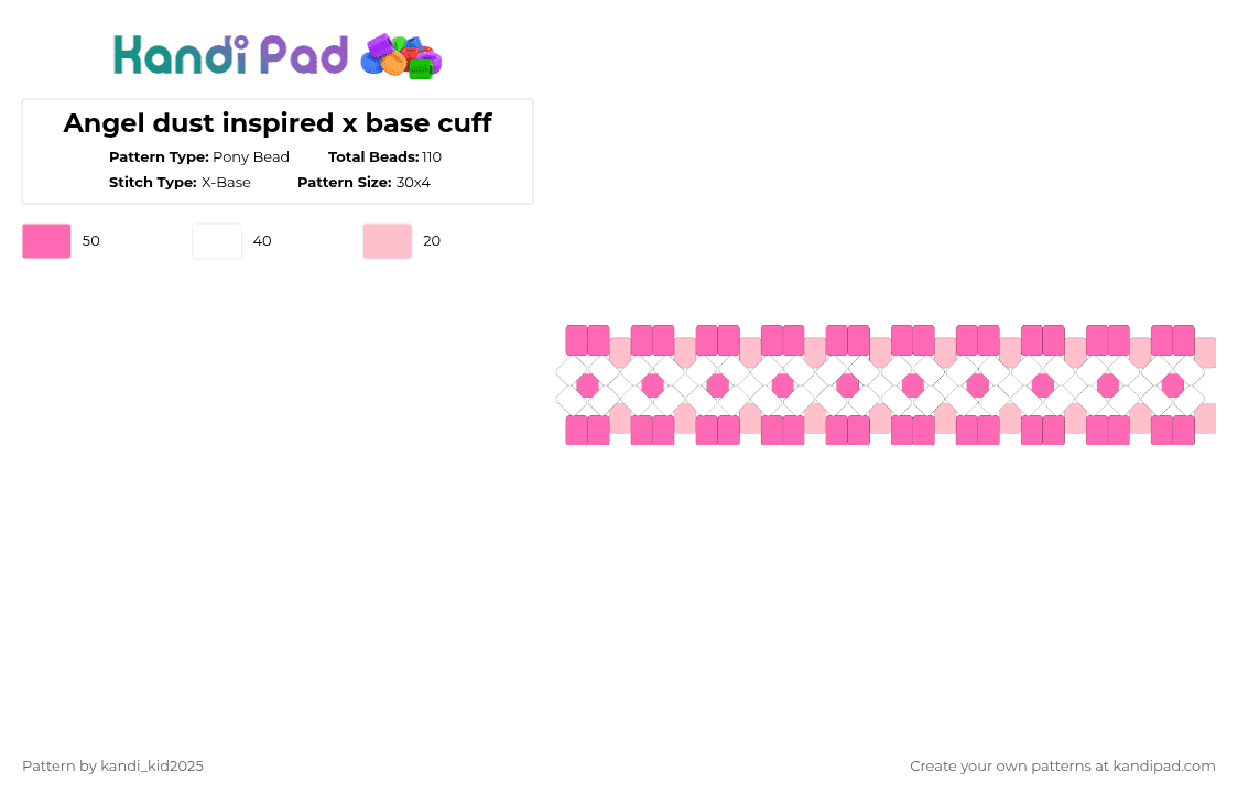 Angel dust inspired x base cuff - Pony Bead Pattern by kandi_kid2025 on Kandi Pad - pink,white