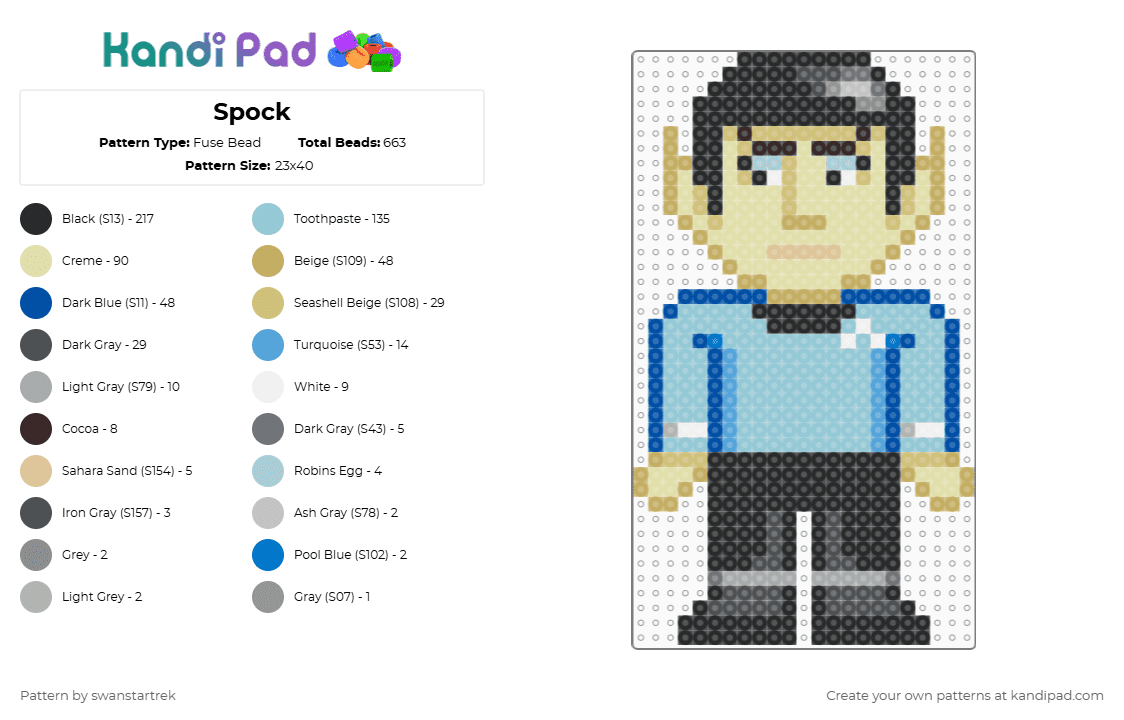 Spock - Fuse Bead Pattern by swanstartrek on Kandi Pad - tv show,character,alien,vulcan,scifi,light blue,beige,yellow,star trek,science fiction,spock