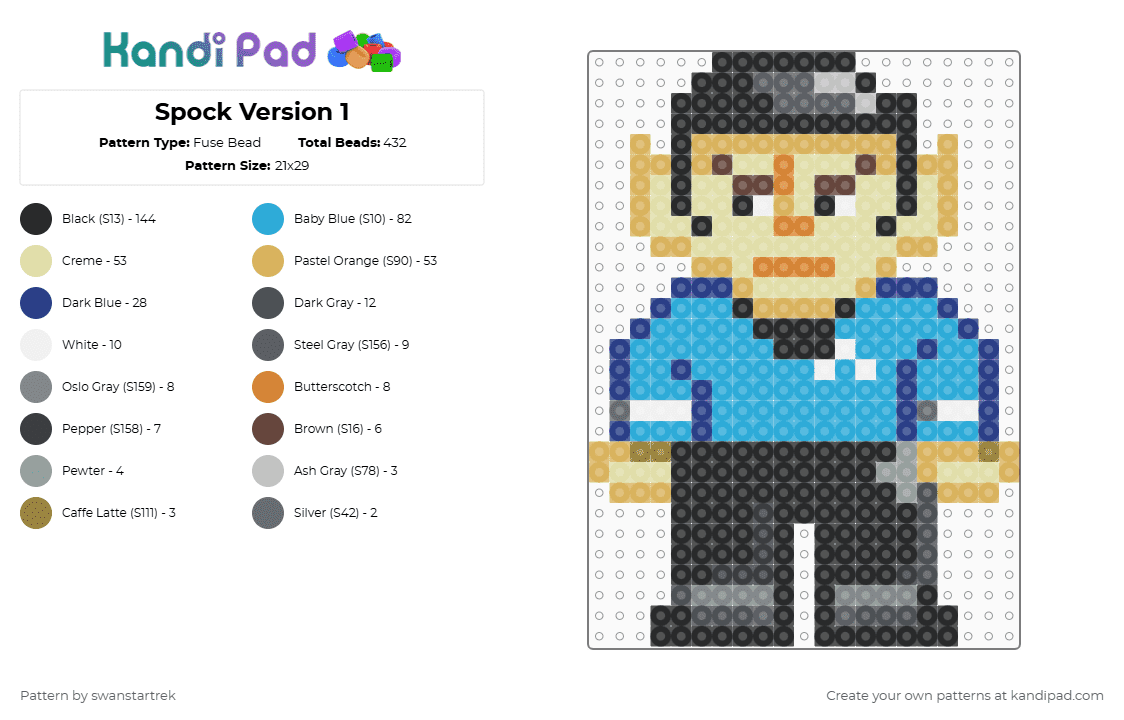 Spock Version 1 - Fuse Bead Pattern by swanstartrek on Kandi Pad - yellow,orange,gray,light blue