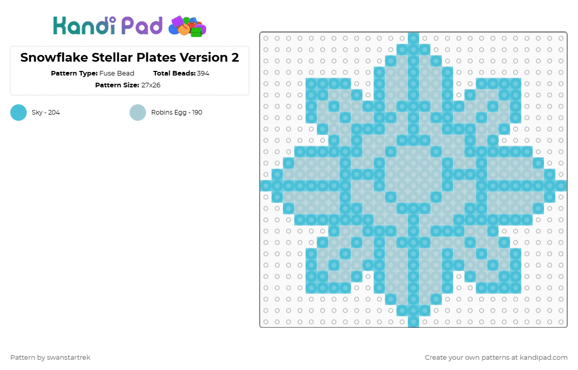 Snowflake Stellar Plates Version 2 - Fuse Bead Pattern by swanstartrek on Kandi Pad - light blue,snowflake,winter,snow,ornament