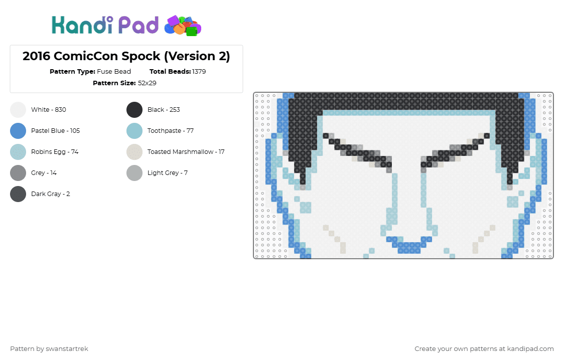2016 ComicCon Spock (Version 2) - Fuse Bead Pattern by swanstartrek on Kandi Pad - light blue, scifi, spock, star trek, white