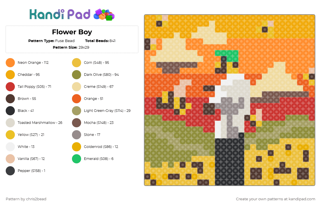 Flower Boy - Fuse Bead Pattern by chris2bead on Kandi Pad - yellow,orange,gold,beige