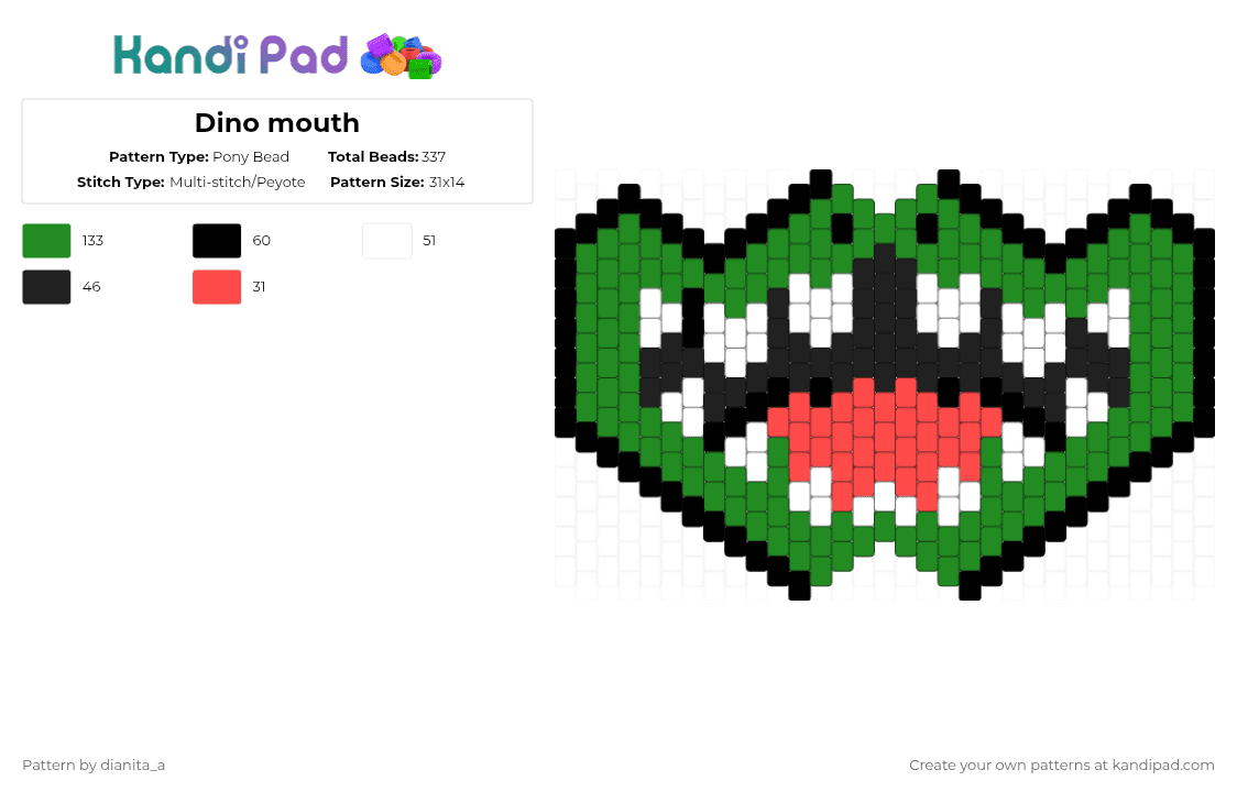 Dino mouth - Pony Bead Pattern by dianita_a on Kandi Pad - dinosaur,mouth,teeth,mask,green