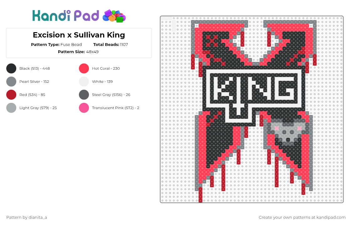 Excision x Sullivan King - Fuse Bead Pattern by dianita_a on Kandi Pad - sullivan king,excision,logo,dj,music,edm,metal,dubstep,drippy,mashup,gray,red