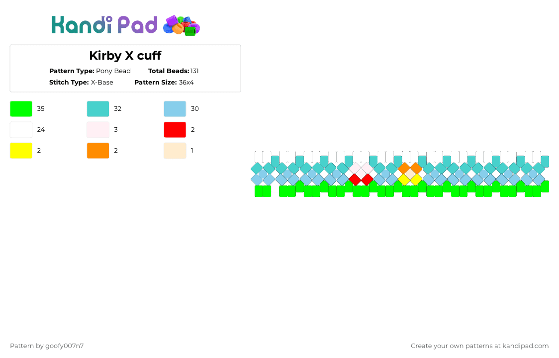 Kirby X cuff - Pony Bead Pattern by goofy007n7 on Kandi Pad - green, light blue