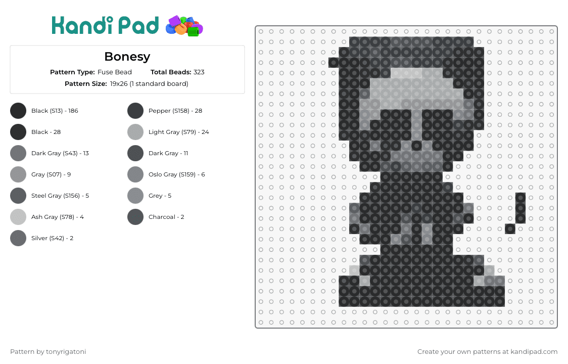 Bonesy - Fuse Bead Pattern by tonyrigatoni on Kandi Pad - skeleton,hoodie,spooky,charm,creative,playfulness,grayscale,dash,representation