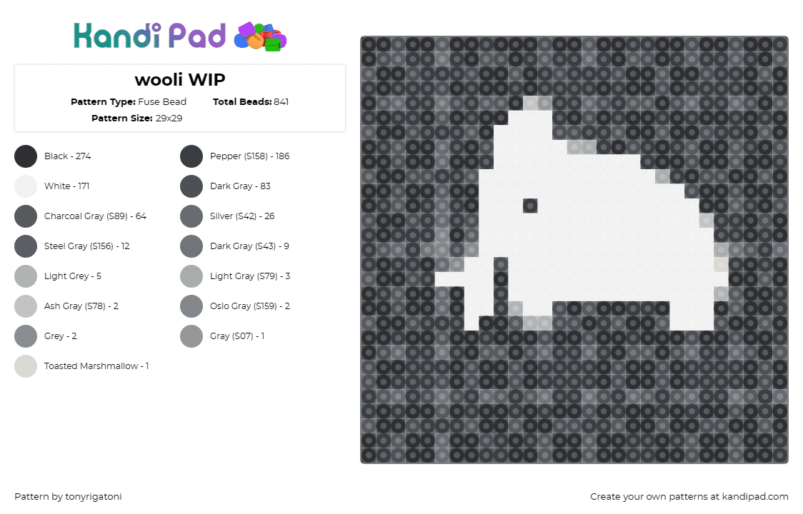 wooli WIP - Fuse Bead Pattern by tonyrigatoni on Kandi Pad - wooli,mammoth,logo,music,edm,dj,silhouette,white,black