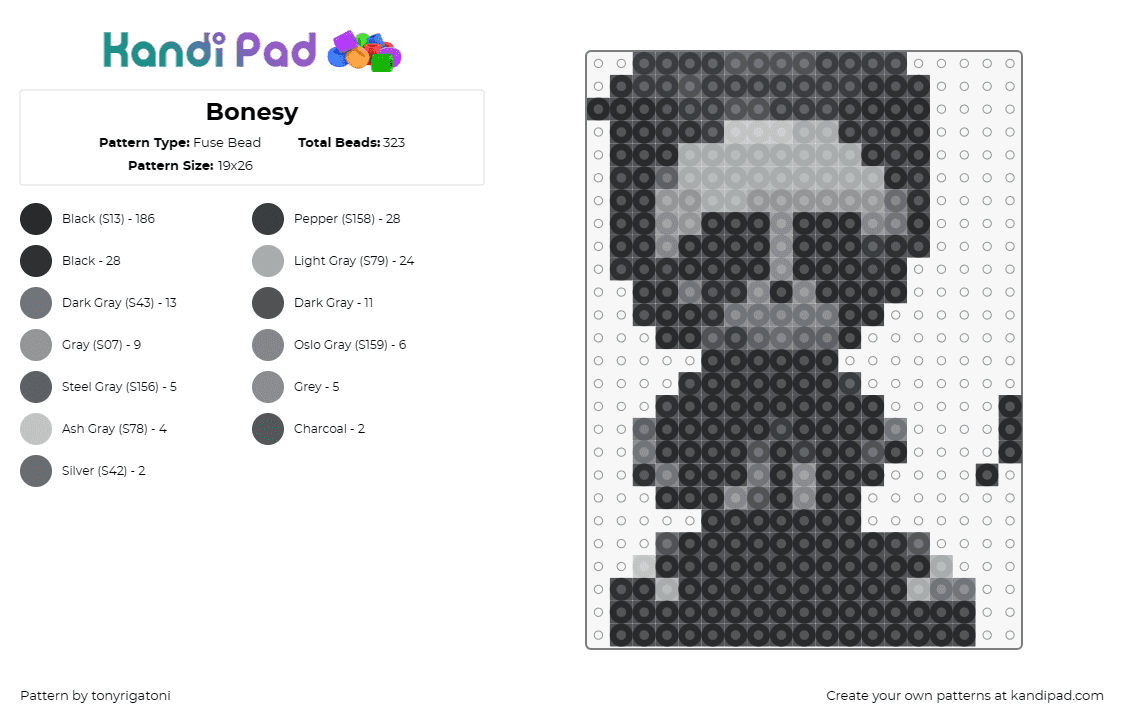 Bonesy - Fuse Bead Pattern by tonyrigatoni on Kandi Pad - skeleton,hoodie,spooky,playfulness,grayscale,dash