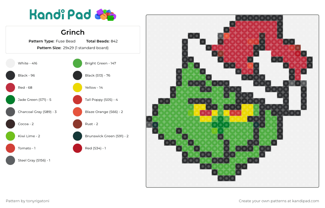 Grinch - Fuse Bead Pattern by tonyrigatoni on Kandi Pad - grinch,christmas,santa hat,holiday,festive,green,red,whimsical,iconic,mischievous,seasonal