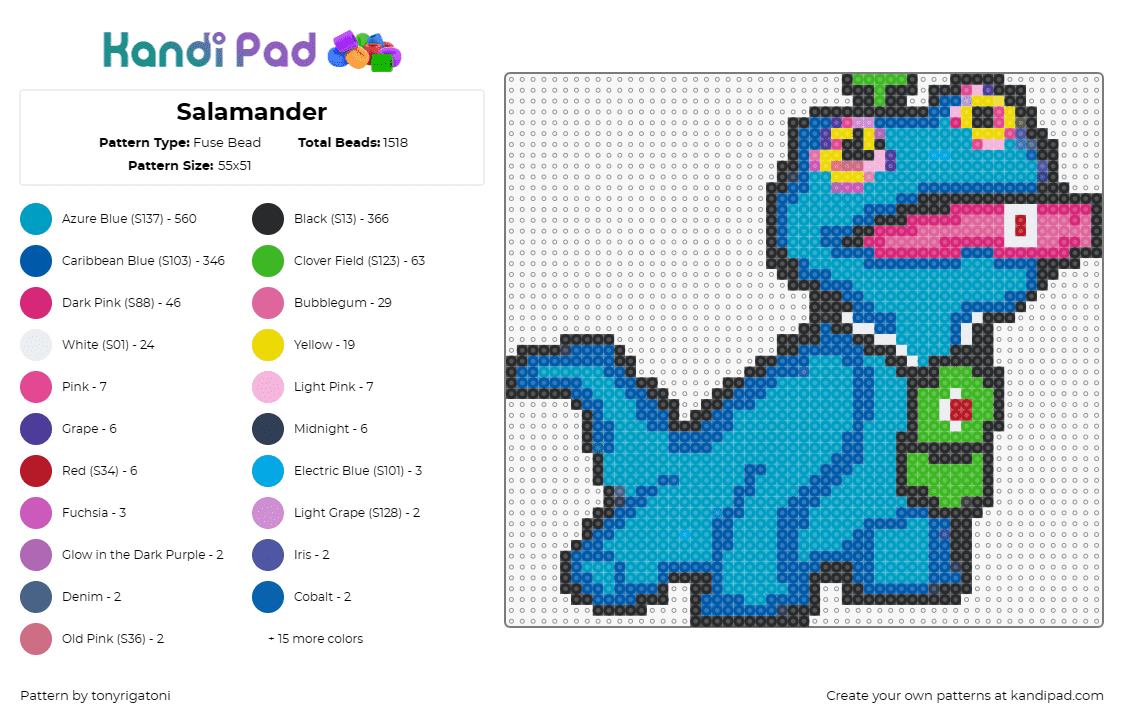 Salamander - Fuse Bead Pattern by tonyrigatoni on Kandi Pad - salamander,lizard,animal,acid,trippy,dazzling blue,crafting experience