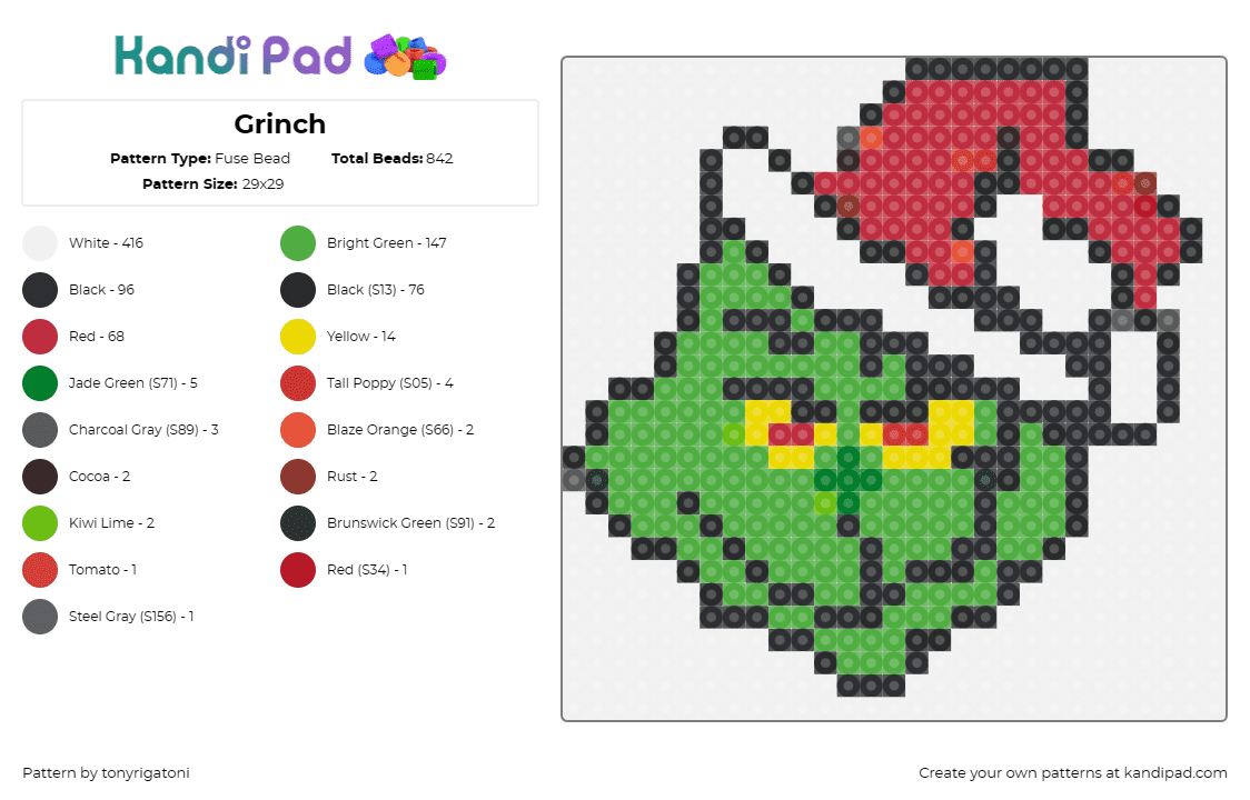 Grinch - Fuse Bead Pattern by tonyrigatoni on Kandi Pad - grinch,christmas,santa hat,holiday,festive,green,red,whimsical,mischievous,seaso