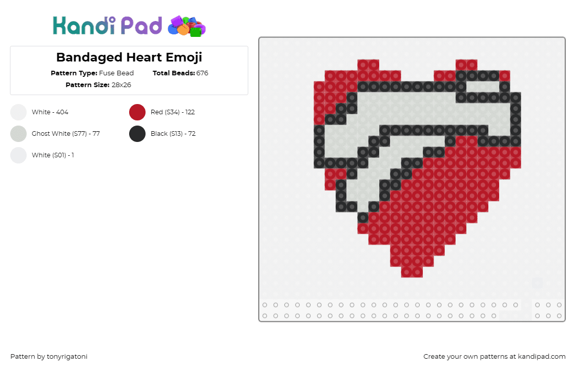 Bandaged Heart Emoji - Fuse Bead Pattern by tonyrigatoni on Kandi Pad - gpt this fuse bead pattern captures the essence of a bandaged heart emoji,symbol