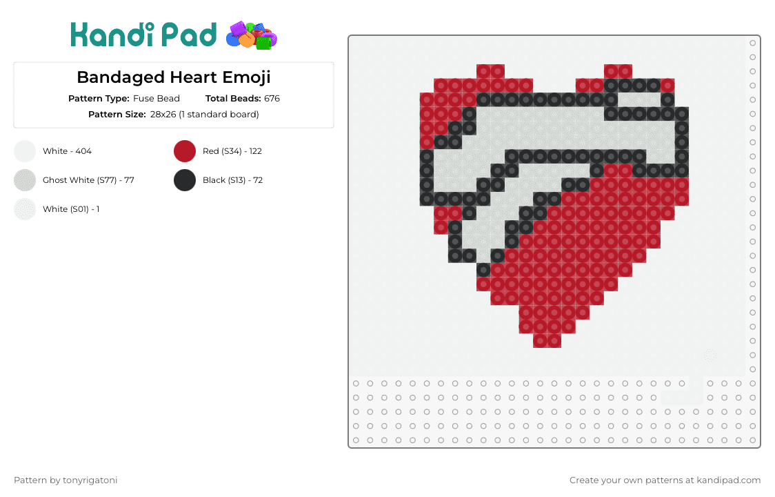 Bandaged Heart Emoji - Fuse Bead Pattern by tonyrigatoni on Kandi Pad - gpt this fuse bead pattern captures the essence of a bandaged heart emoji,symbolizing healing and emotional repair. it's a poignant and colorful representation ideal for expressing complex feelings th