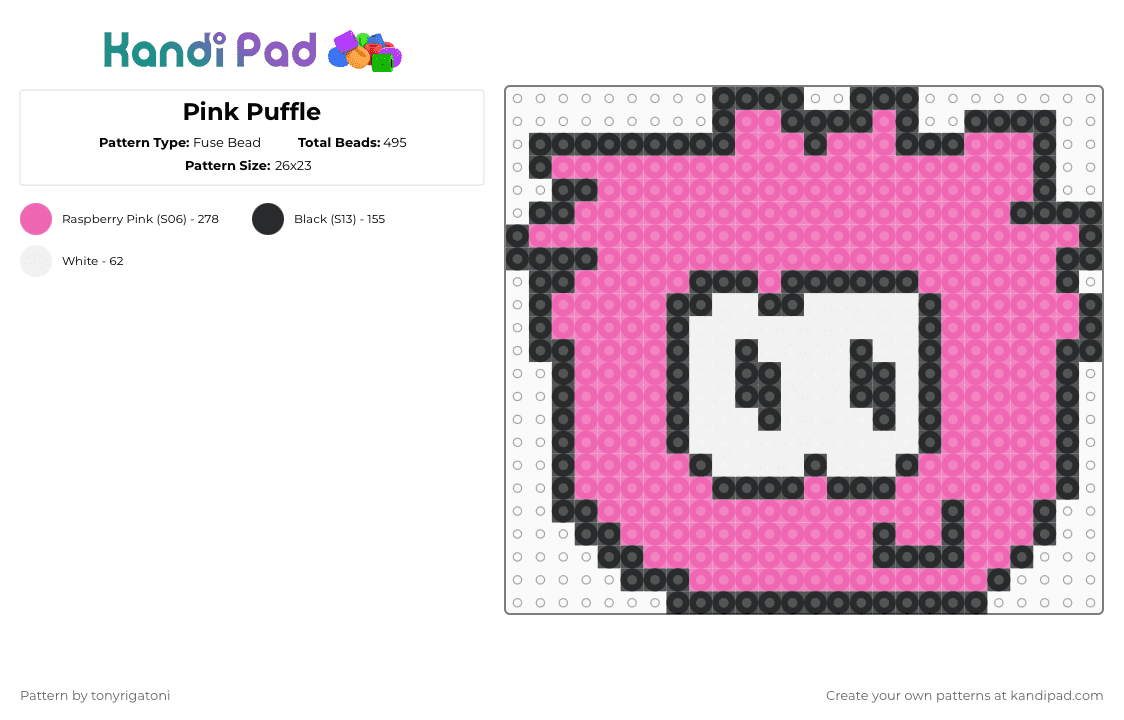 Pink Puffle - Fuse Bead Pattern by tonyrigatoni on Kandi Pad - pink,cartoon,clubpenguin,puffle,pc,disney