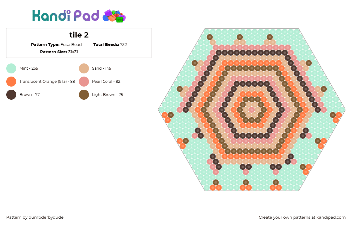 tile 2 - Fuse Bead Pattern by dumbderbydude on Kandi Pad - geometric,hexagon,symmetry,mesmerizing,serene,standout,aqua,peach,charcoal