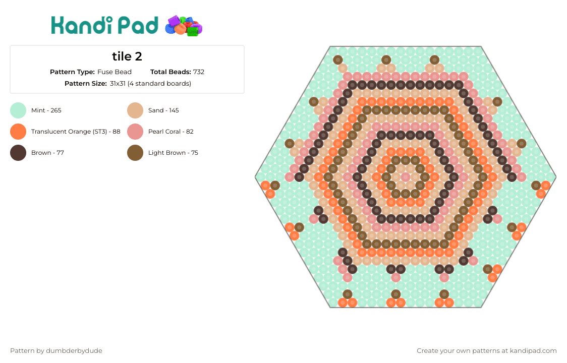 tile 2 - Fuse Bead Pattern by dumbderbydude on Kandi Pad - geometric,hexagon,symmetry,mesmerizing,serene,standout,aqua,peach,charcoal