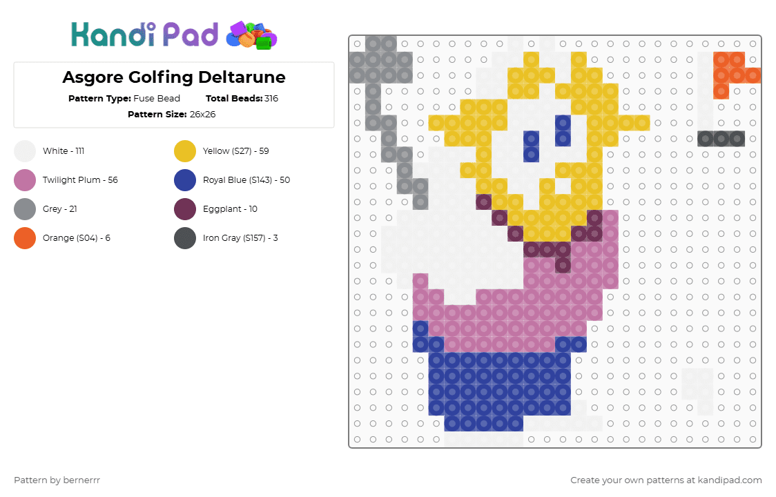 Asgore Golfing Deltarune - Fuse Bead Pattern by bernerrr on Kandi Pad - purple,pink,yellow,deltarune,undertale,sprite,silly