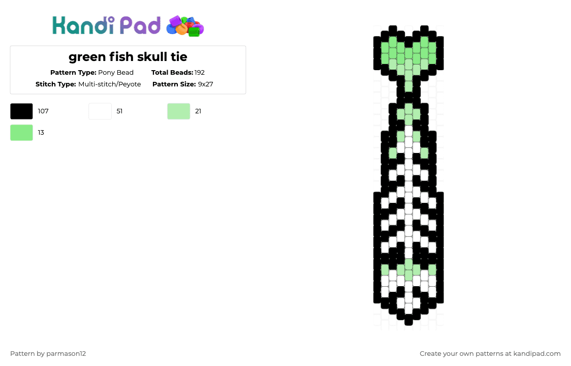 green fish skull tie - Pony Bead Pattern by parmason12 on Kandi Pad - teal,white