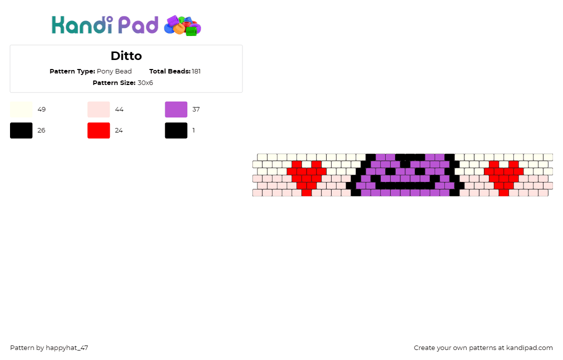 Ditto - Pony Bead Pattern by happyhat_47 on Kandi Pad - ditto,pokemon,hearts,cuff,transformation,character,purple