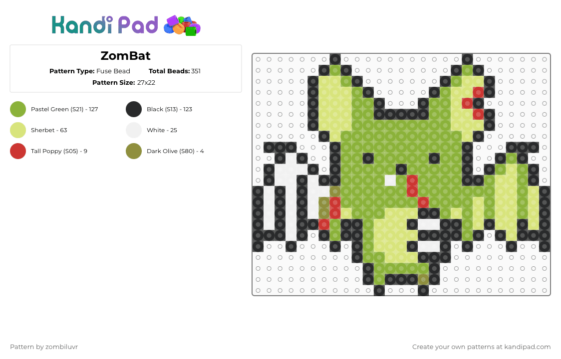 ZomBat - Fuse Bead Pattern by zombiluvr on Kandi Pad - green,yellow,zombie,bat,emo,scene