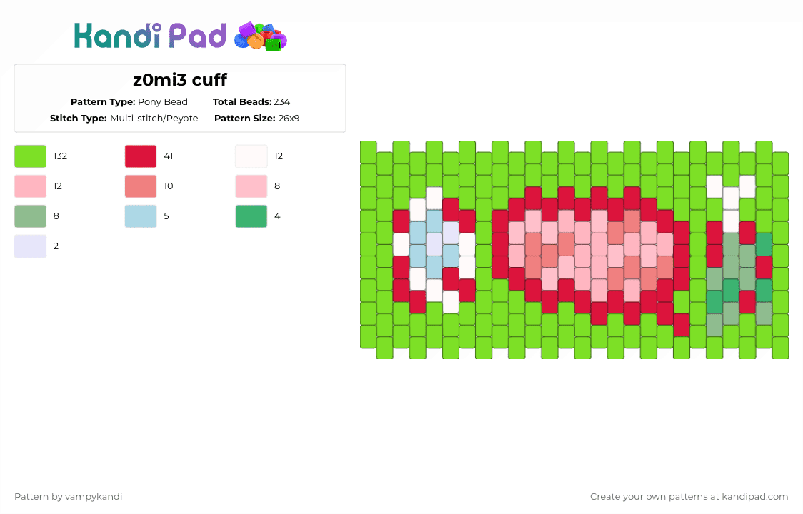 z0mi3 cuff - Pony Bead Pattern by vampykandi on Kandi Pad - zombie,cuff,halloween,spooky,green,red