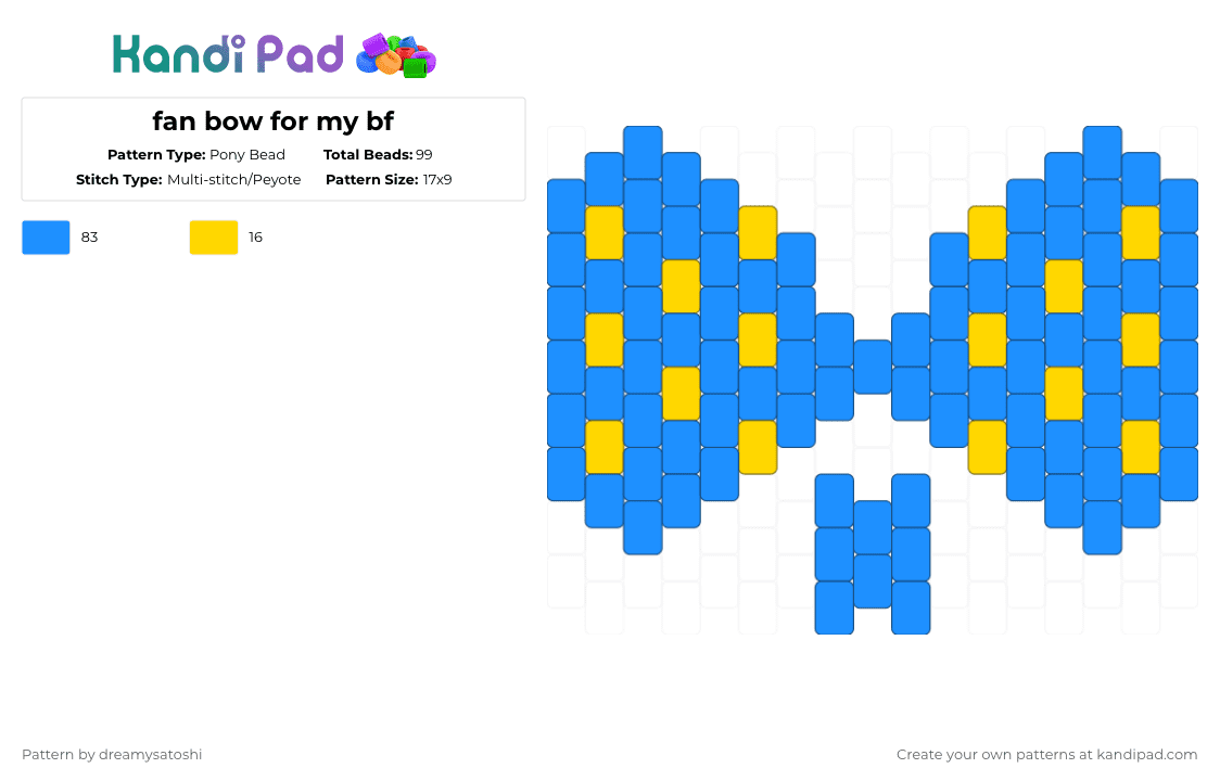 fan bow - Pony Bead Pattern by dreamysatoshi on Kandi Pad - light blue,bow,fan,ii,blue,yellow