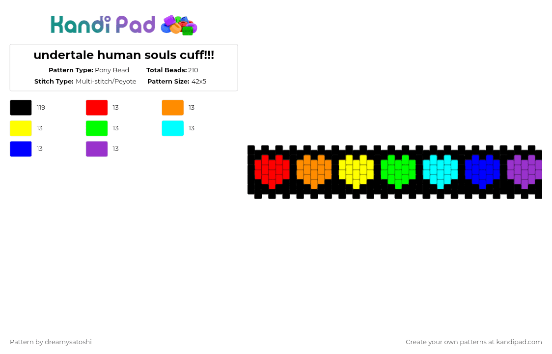 undertale human souls cuff!!! - Pony Bead Pattern by dreamysatoshi on Kandi Pad - black,purple,red,orange,yellow,green,blue,undertale