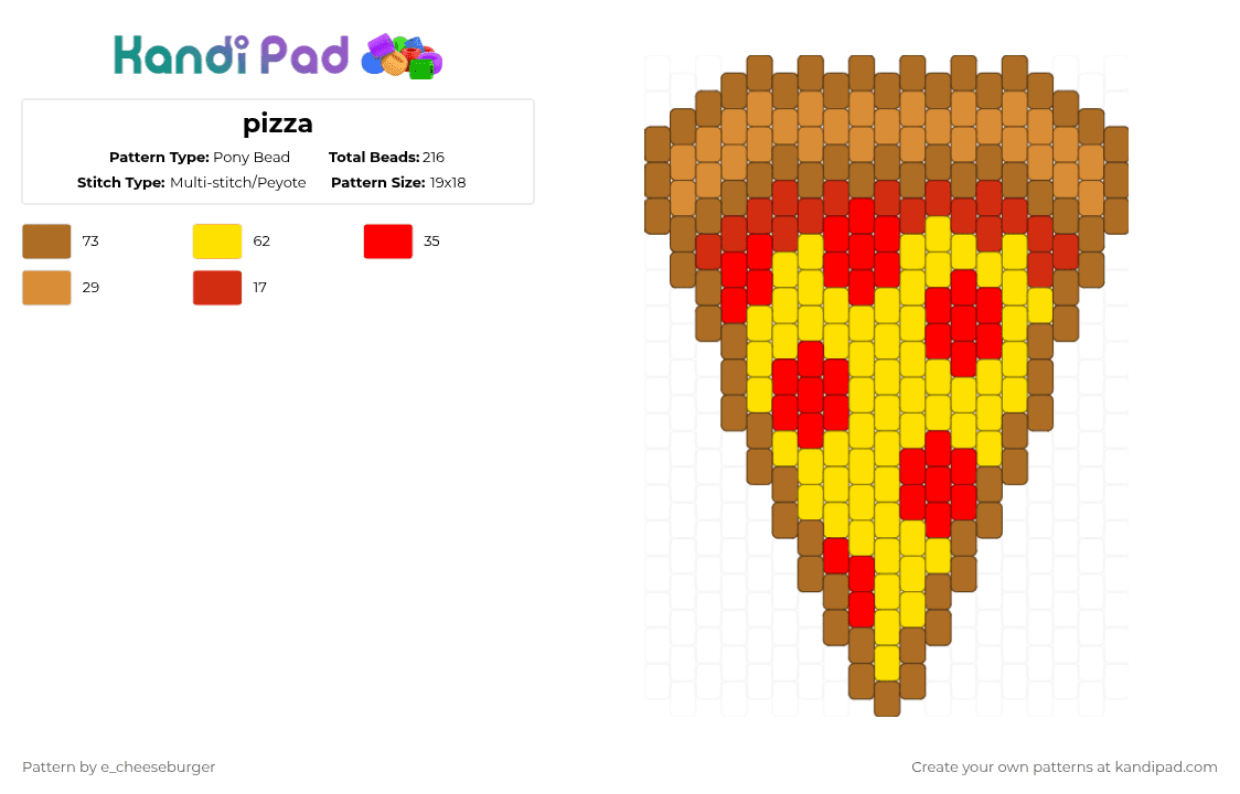 pizza - Pony Bead Pattern by e_cheeseburger on Kandi Pad - pizza,slice,food,pepperoni,charm,meal,tan,red,yellow