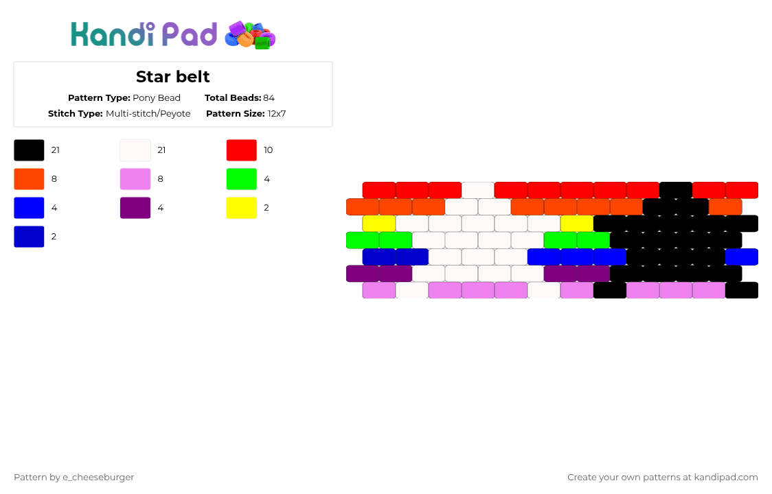 Star belt - Pony Bead Pattern by e_cheeseburger on Kandi Pad - red,pink