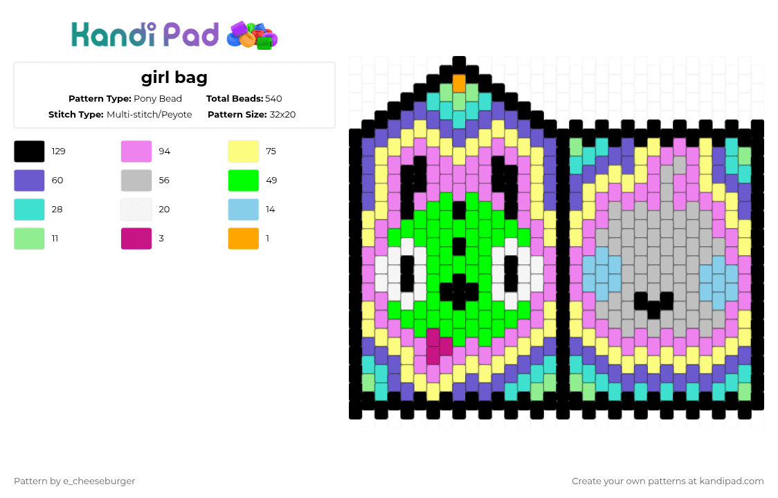 girl bag - Pony Bead Pattern by e_cheeseburger on Kandi Pad - gir,invader zim,bag,robot,trippy,cartoon,tv show,yellow,pink,green,colorful