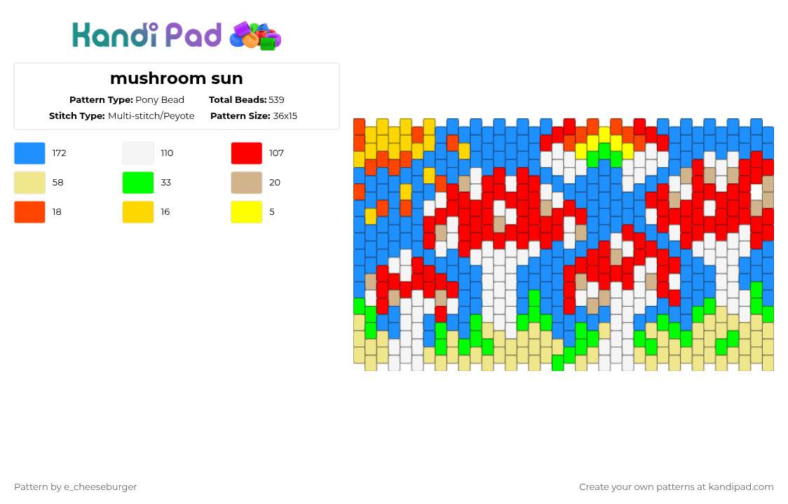 mushroom sun - Pony Bead Pattern by e_cheeseburger on Kandi Pad - light blue,red