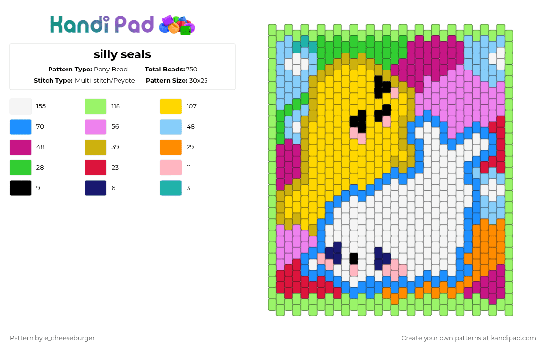 silly seals - Pony Bead Pattern by e_cheeseburger on Kandi Pad - seals,panel,green,light blue,pink,yellow