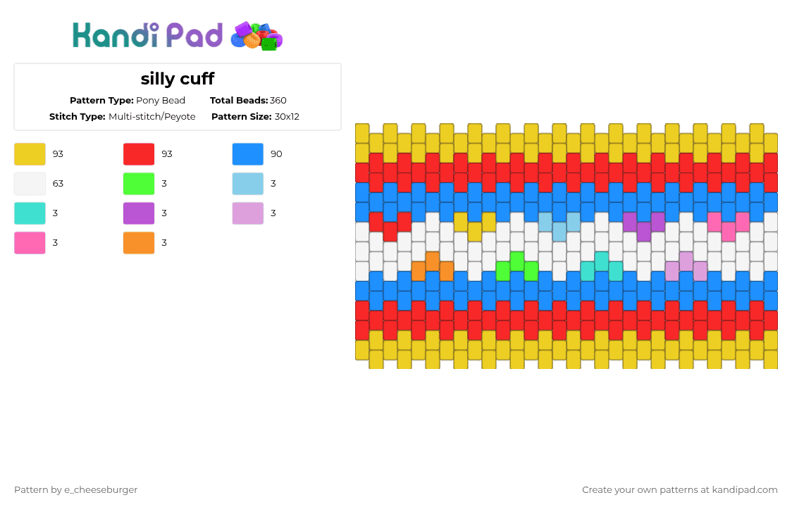 silly cuff - Pony Bead Pattern by e_cheeseburger on Kandi Pad - yellow,red,light blue