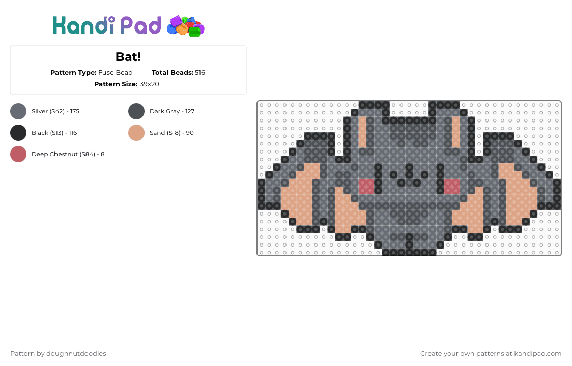 Bat! - Fuse Bead Pattern by doughnutdoodles on Kandi Pad - bat,spooky,animal,cartoon,creature,halloween,gray