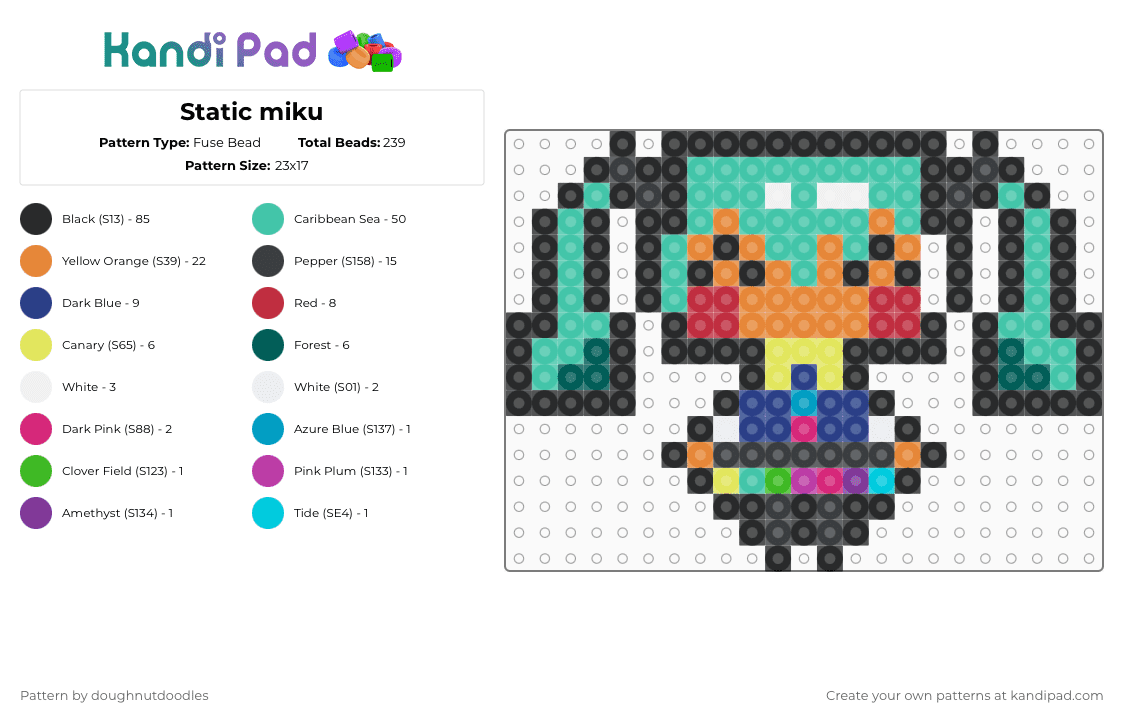 Static miku - Fuse Bead Pattern by doughnutdoodles on Kandi Pad - black,teal,orange,miku,vocaloid,static,flavor folly,hatsune miku