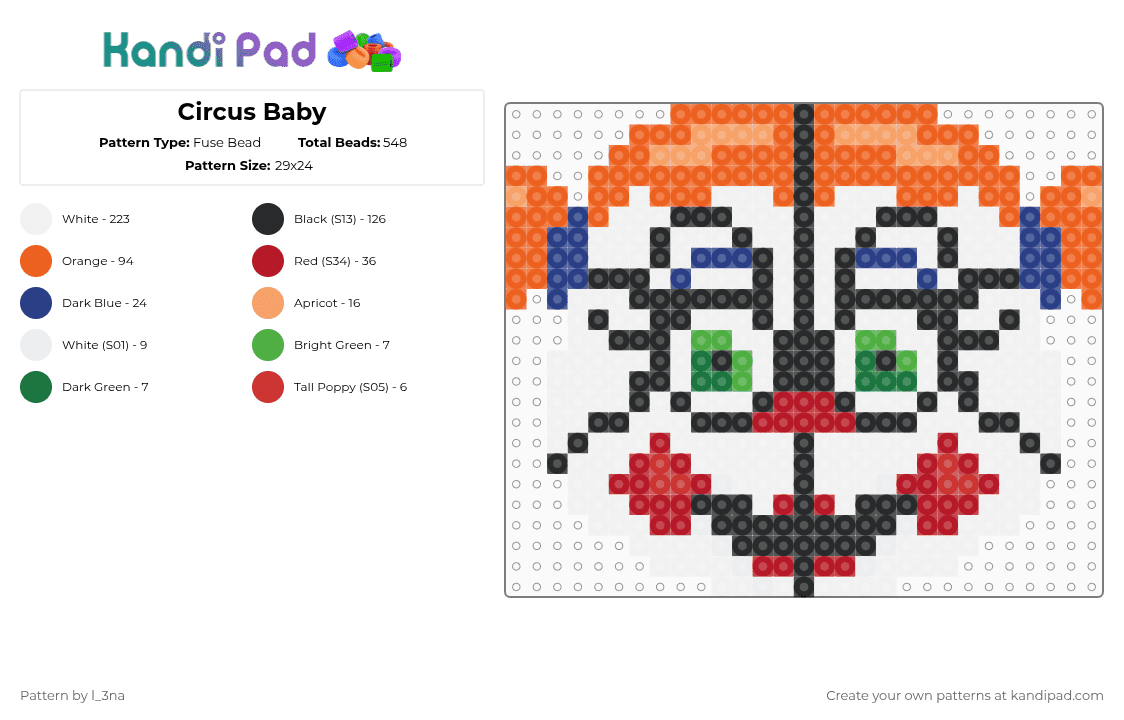 Circus Baby - Fuse Bead Pattern by l_3na on Kandi Pad - white,orange,fnaf,sister location,circus baby,funtime,annimatronics
