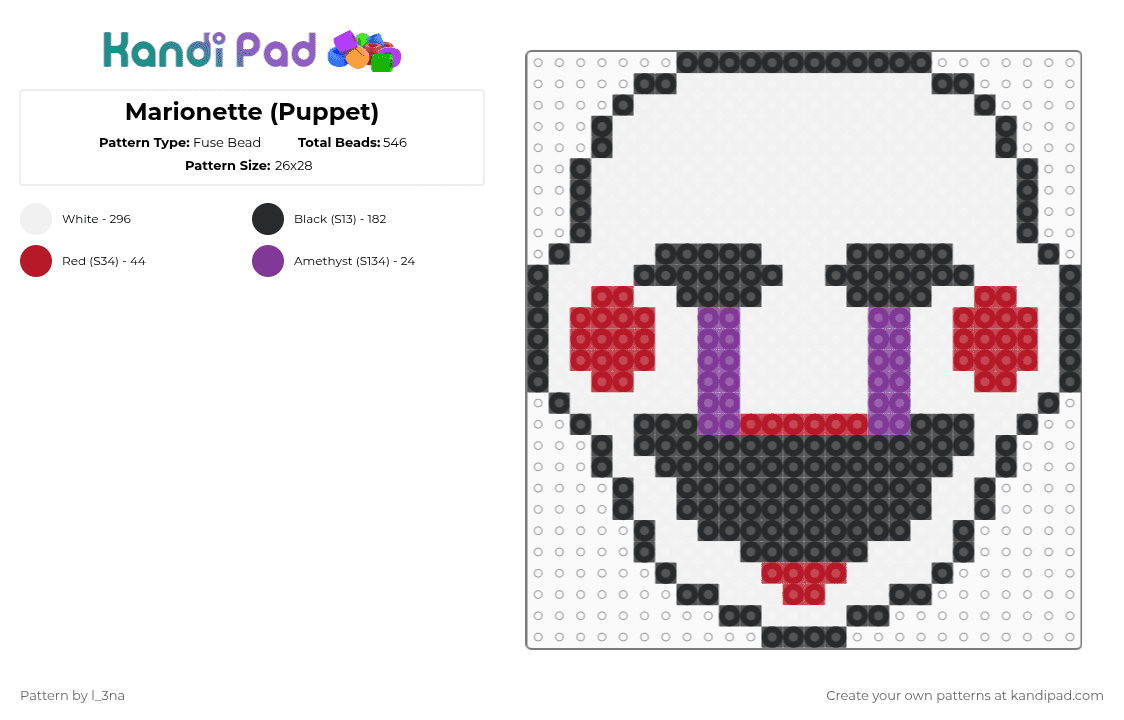 Marionette (Puppet) - Fuse Bead Pattern by l_3na on Kandi Pad - white,pink,red,fnaf,fnaf 2,marrionette,puppet