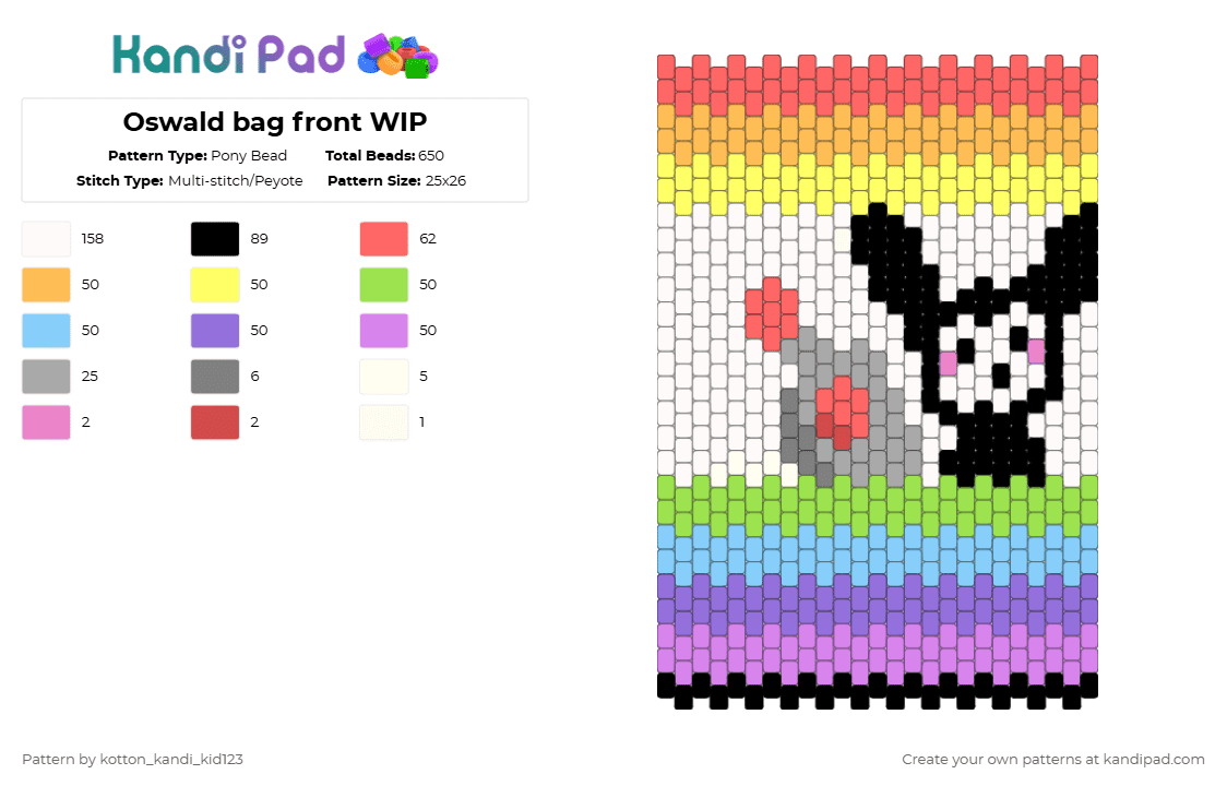 Oswald bag front WIP - Pony Bead Pattern by tooni_macarooni on Kandi Pad - orange,pink,light blue,colorful,oswald the lucky rabbit,bag,rainbow,disney