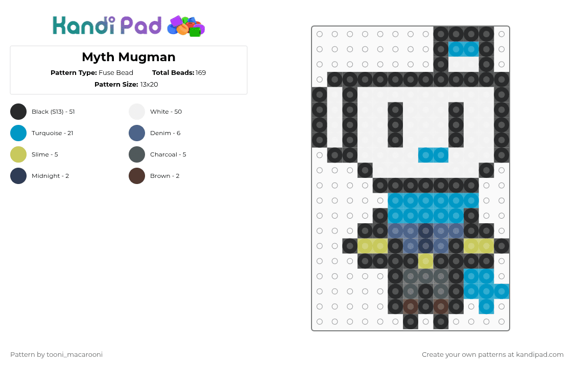 Myth Mugman - Fuse Bead Pattern by tooni_macarooni on Kandi Pad - black,white,light blue,mugman,myth of the machine,toon,cuphead,motm,myth