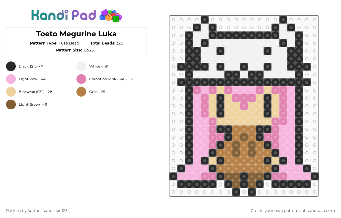 Toeto Megurine Luka - Fuse Bead Pattern by tooni_macarooni on Kandi Pad - pink,toeto,megurine,luka,vocaloid,remox,cat,classic