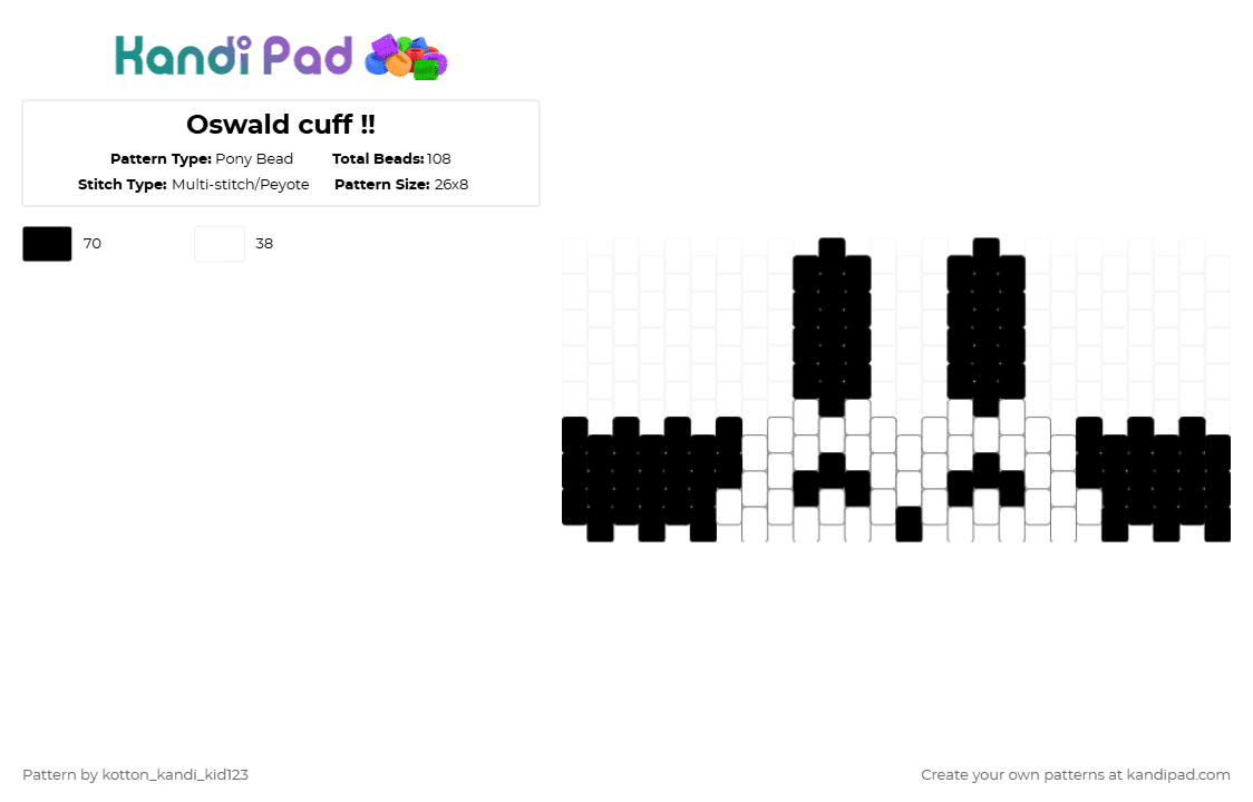 Oswald cuff !! - Pony Bead Pattern by tooni_macarooni on Kandi Pad - black,white,oswald,oswald the lucky rabbit,remix,multi stitch,disney,meow,bunny